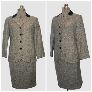 VTG 70's Black & Ivory Herringbone Check Wool Skirt Suit Size S/M by Sportster